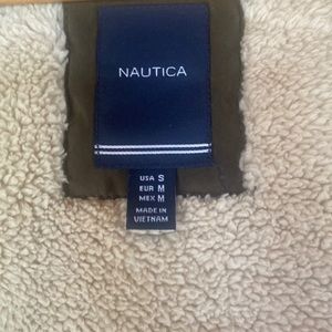 NAUTICA olive green jacket with full front zipper, gold buttons.